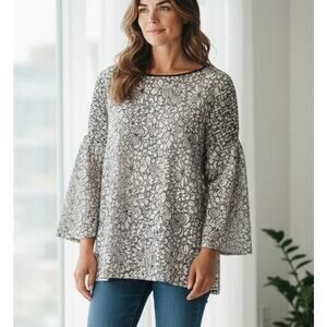 Loft Top Lace Mesh Boho Goth Formal Black White Floral Smocked Wide Sleeve SZ XL